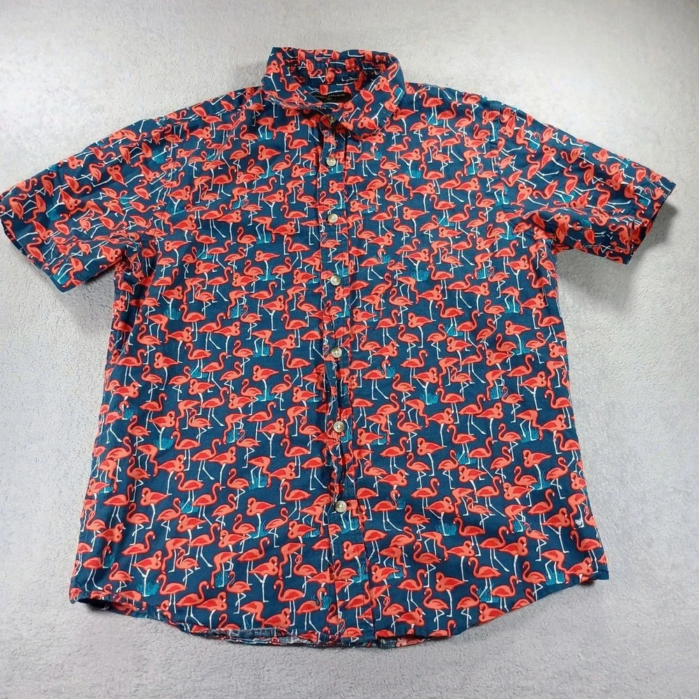 Banana Republic Mens Slim Fit Linen Flamingo Print Navy Blue Medium Short Sleeve